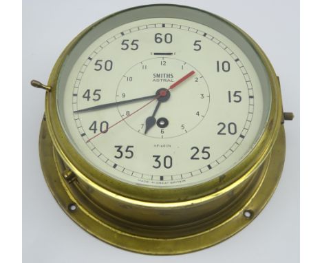 Smiths Astral ship's brass cased bulkhead clock, the painted 20cm dial with Arabic numerals, the inner chapter ring marking t