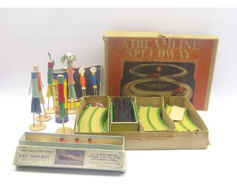 Louis Marx & Co Streamline Speedway clockwork tin-plate game, Chad Valley R.M.S. Queen Mary 'take to pieces' model and Peter 