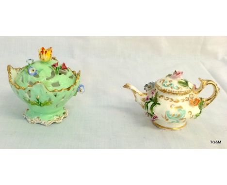 Victorian miniature flower encrusted  teapot and similar lidded pot 