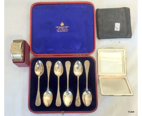 A Silver Boxed Set of Tea Spoons, A Cherub Silver Napkin Ring & a Compact