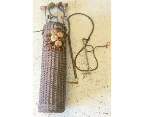 A Collection of Vintage Wooden Shaft Golf Clubs in Wicker Carry Case, With 4 riding Crops, One Silver Topped Birmingham 1933 