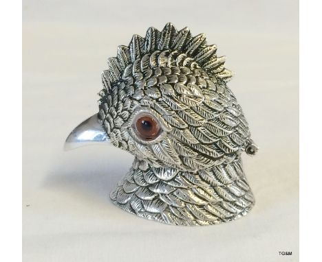 Silver plated ring box in the shape of a cockerels head with glass eyes
