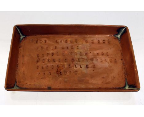 A WW1 trench art copper tray 8 inches x 5 inches x 0.75 inches having impressed to the bottom 1st Light Horse PTE Paird coppe