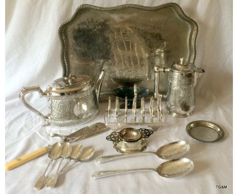 Silver and silver plate tea tray spoons tea strainer and other items