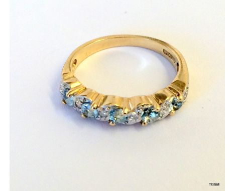 9ct gold ladies diamond and aqua band ring size j