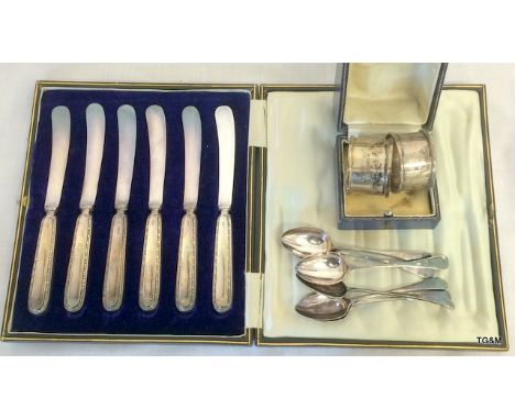 A Pair of Silver Napkin Rings & A Set of Silver Tea Spoons 