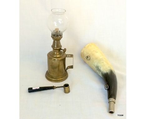 A Brass Oil Lamp with Glass Globe, A Cow Horn Hunting Horn and shot maker