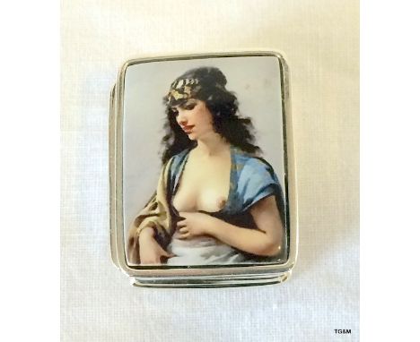 Silver plated and enamel set pill box with nude image