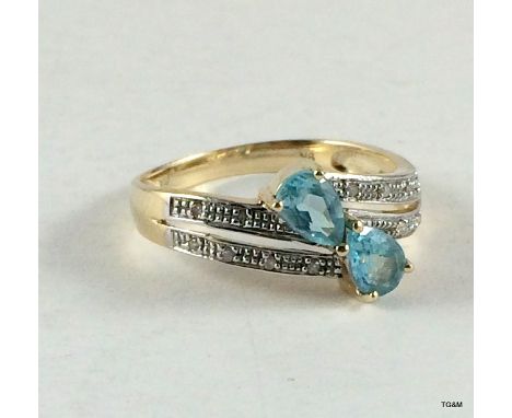 9ct gold ladies diamond and aqua ring size p