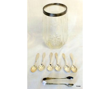 A Silver Rimmed Vase & A Set of Silver Tea Spoons.