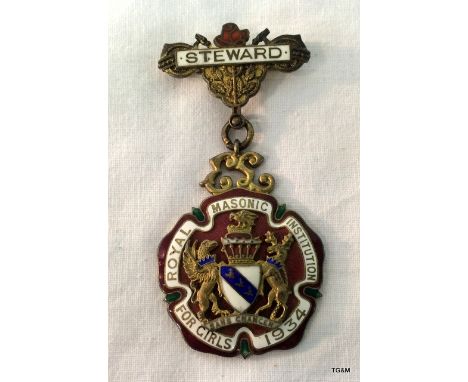 Silver and enamel Masonic institution for girls Jewel/medal dated 1934