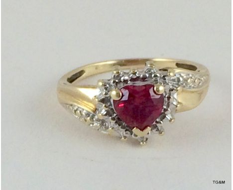 9ct gold ladies ruby heart ring size l