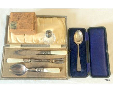 Silver topped scent bottle, boxed silver spoon and Mother of Pearl christening set