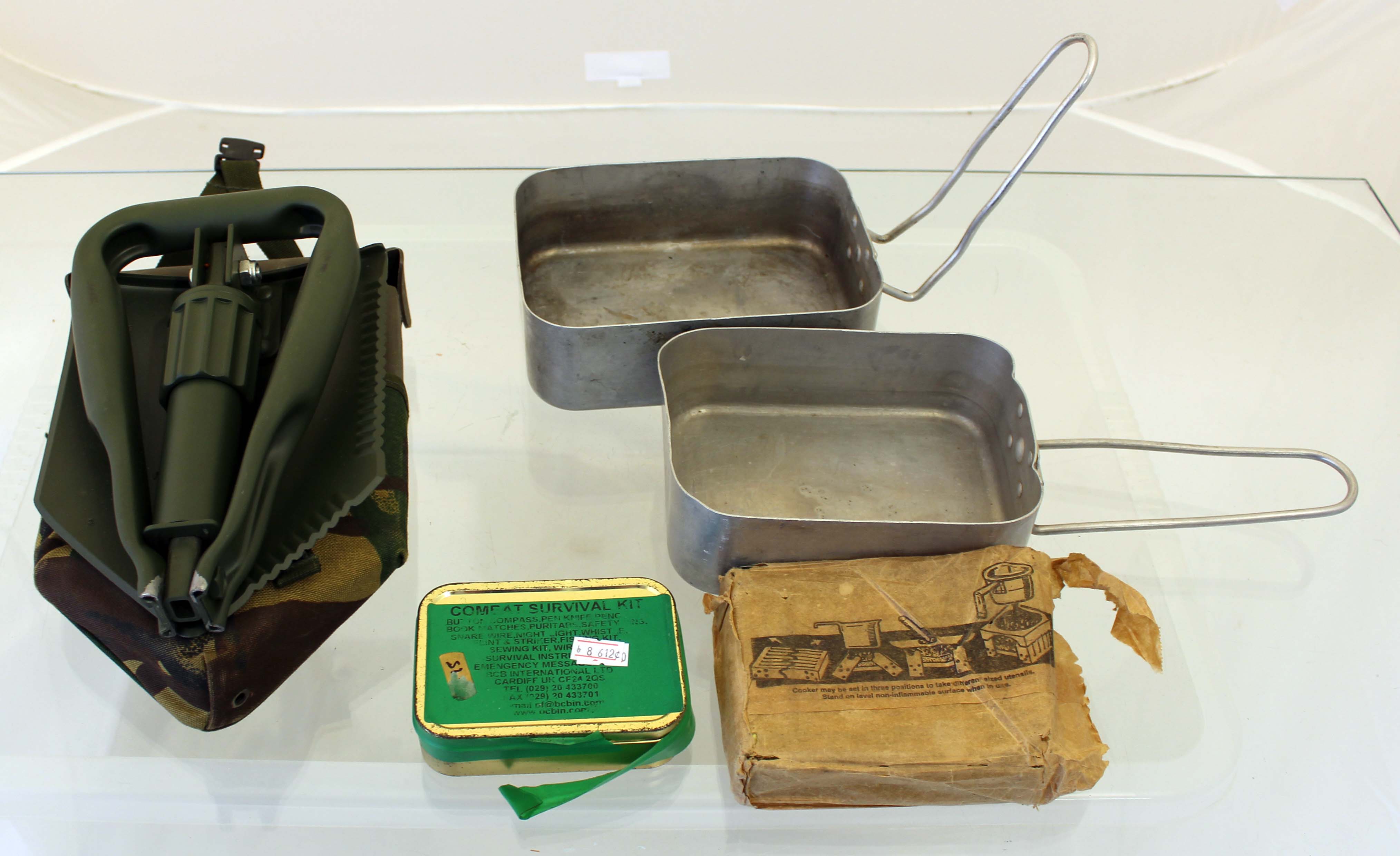 British Army Mess Tins, Survival Tin with Contents and Entrenching Tool