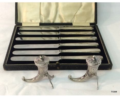A Set of 6 Cased Silver Handle Butter Knives, Salt and Pepper set
