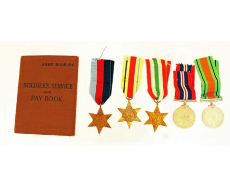 A WW2 medal group of five including the Africa and Italy Stars with his Soldiers Service & Pay Book awarded to 100787 Private