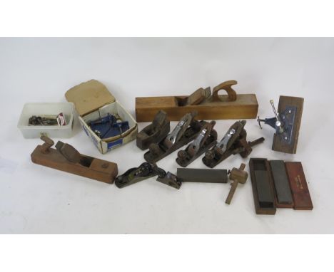 Collection of Wood Planes and other woodworking tools including Stanley No. 4, No. 3, No.5, Shoulder Plane, Block Plane, mark