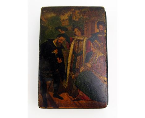 A 19th Century Papier-mâché Snuff Box decorated with a courtly scene, 8x5cm 