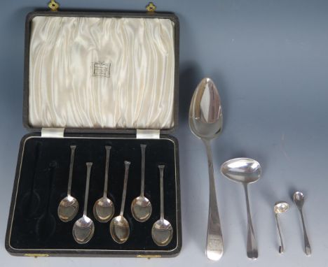 A mixed collection of silver flatwares, includes George III Old English pattern tablespoon, crested, six silver seal top coff