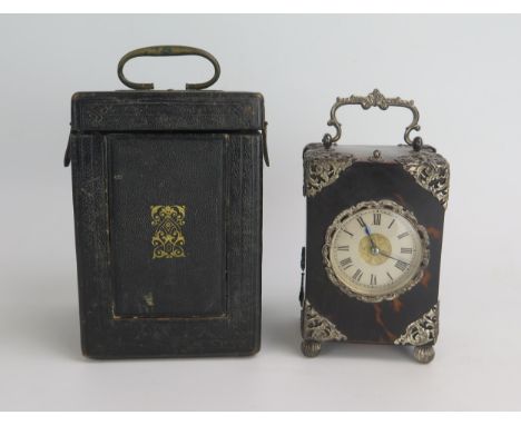 A Victorian Tortoise Shell and Silver Mounted Repeating Carriage Clock, London 1894, 16cm. Winds, runs and repeat button work