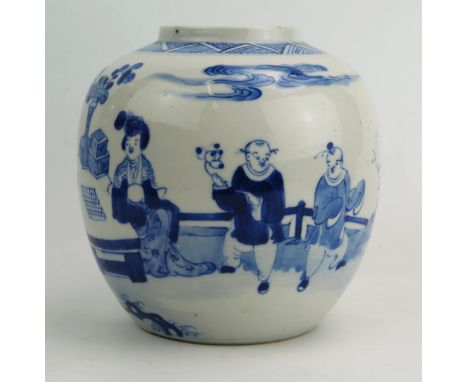 A Chinese Porcelain Blue and White Ginger Jar decorated with figures, Kangxi six character mark to the base, 18cm high and a 