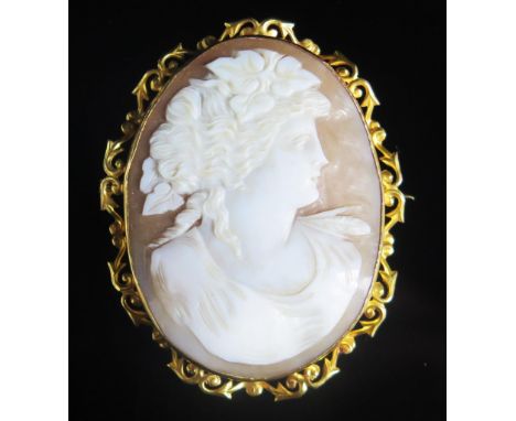 A 9ct Gold Shell Cameo Brooch decorated with a female bust in profile, 50.8x40.5mm, stamped 9CT, 10.58g 