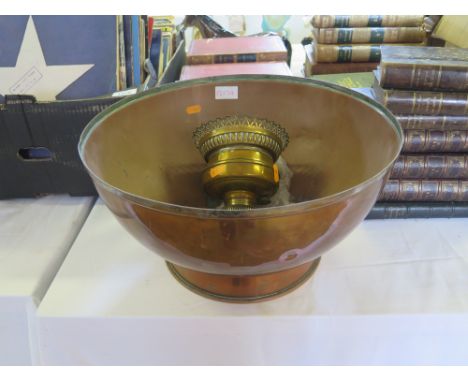 A Large Copper Bowl (38.5cm diam.) and a paraffin lamp burner