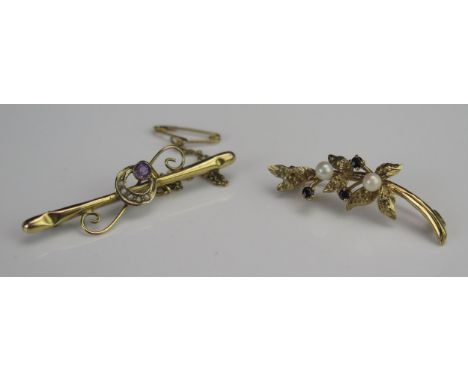 A 9ct Gold, Pearl or Cultured Pearl and Amethyst Brooch (43.9mm long, stamped 9CT) and a 9ct gold sapphire and pearl or cultu