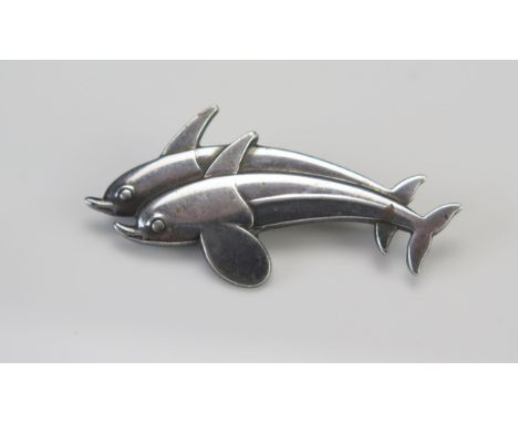 A Georg Jensen Silver Twin Dolphin Brooch, model 317, import hallmarks, 41.3mm long, 5.24g 