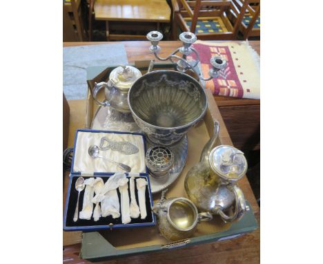 A collection of silver plated wares, includes rose bowl, serving tray, four-piece tea and coffee service, and twin branch can