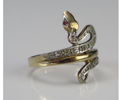 A 9ct Gold, Ruby and CZ Snake Ring, size O, hallmarked, 2.67g 