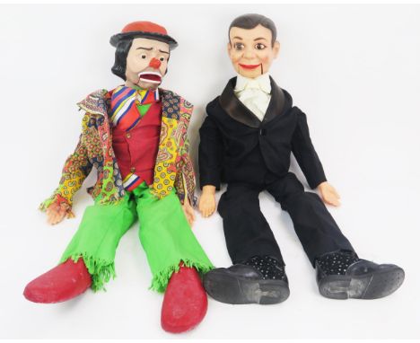Juro Novelty Ventriloquist 30" Puppet or Doll Pair including Charlie McCarthy (Copyright 1968) and Emmett Kelly Clown - both 