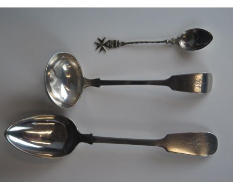 A German silver sauce ladle, and matching tablespoon, stamped marks, together with a silver coffee spoon, total weight of sil