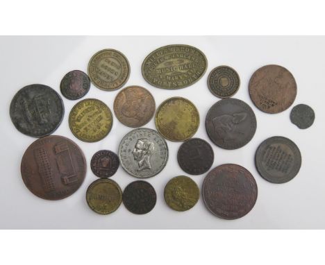 George Stephenson 'Rocket' medallion, William III and Portuguese coin weight, Portsmouth Music Hall ticket, counter stamped M