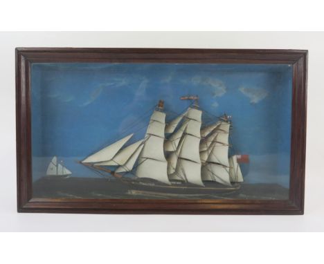 A half hull ships model of the three masted "Sailors Bride", in full sale with painted background, framed and glazed, 43 x 75