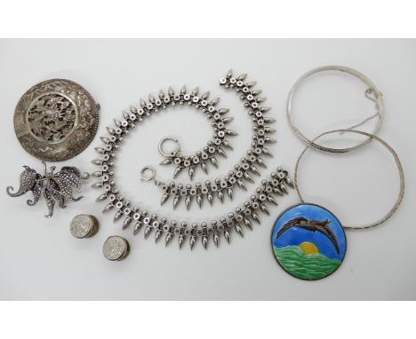 A white metal locket chain (af) a silver and enamel bird and sunrise brooch by FJM &amp; Co and other items Condition Report: