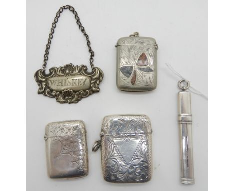 A lot comprising two silver vestas, a silver pencil holder (assorted marks), a white metal and agate set vesta and a white me