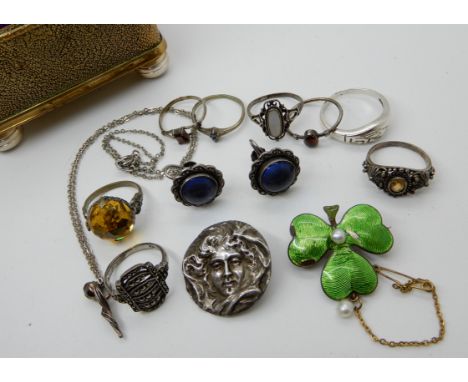 A Child &amp; Child enamel and pearl shamrock brooch in yellow and white metal (af), a silver button by John Gammage 1901, bu