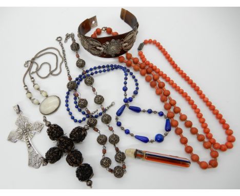 Coral beads, lapis lazuli beads, a glass perfume flask and other items Condition Report: Not available for this lot