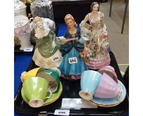 Six Adderley Harlequin coffee cups and saucers, Plant Tuscan figure Kathleen, Doulton figure and Goebel figure Condition Repo