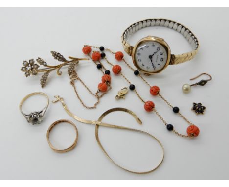 A 9ct gold ladies vintage Ruler watch head, 9ct pearl flower brooch, a 9ct carved coral and onyx bead necklace and other item