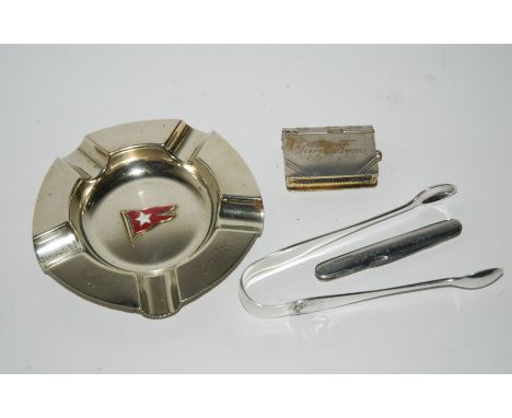 A white-metal RMS Baltic ashtray with enamel centre, sugar tongs, pocket knife and wax seals etc Condition Report: Available 