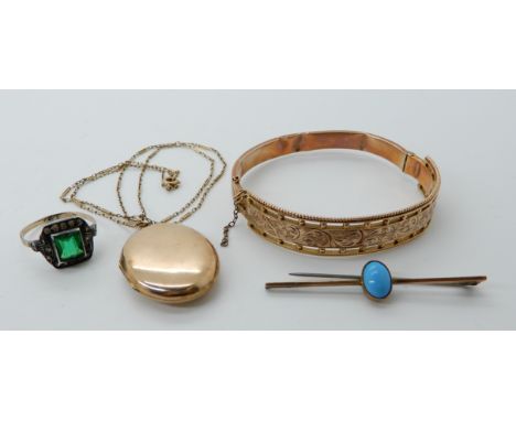 A 9ct gold bangle (af), a 9ct plain locket approx 3.5cm x 2.3cm, chain 44cm, a 9ct blue glass brooch and a ring 23.2gms Condi