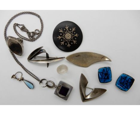 A collection of Scandinavian style jewellery to include a ring by Just Andersen, a brooch by Anton Michelson, Bronsted style 