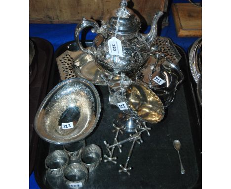 A tray lot of EP - teapot, knife rests, napkin rings etc Condition Report: Available upon request