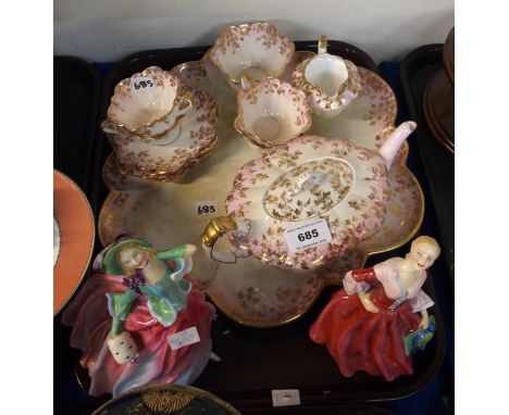 Two Royal Doulton figures, Autumn Breezes and Angelina and Wileman Foley china together with teaset on tray Condition Report: