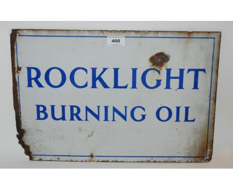 An enamel double-sided advertising sign Rocklight Burning Oil, 30 x 45cm (def) Condition Report: Available upon request