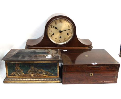 A dome top mantle clock, a biscuit tin and a rosewood box Condition Report: Available upon request