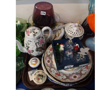 Assorted plates including a Chinese example, two silver topped scent bottles and other decorative items Condition Report:- Go