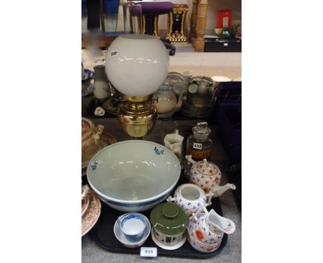 A brass oil lamp, a Copenhagen pottery bowl, a chemists jar and other items Condition Report: Available upon request